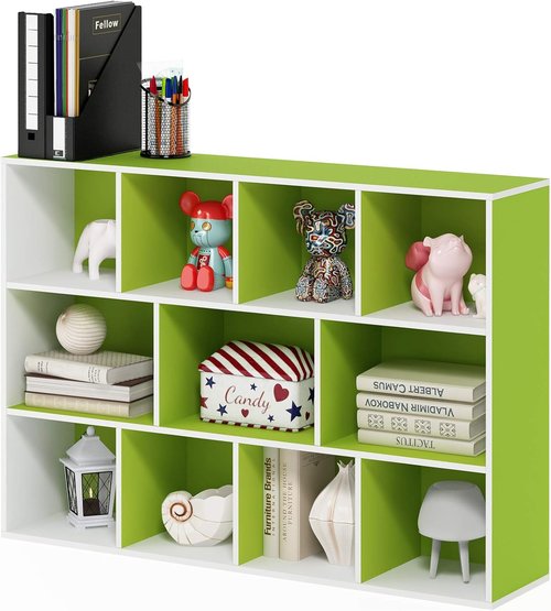 Furinno LUDER Bookshelf - 11-Cube Reversible Bookcase for Easy Assembly | White/Green, 9.4 x 29.1 x 41.7