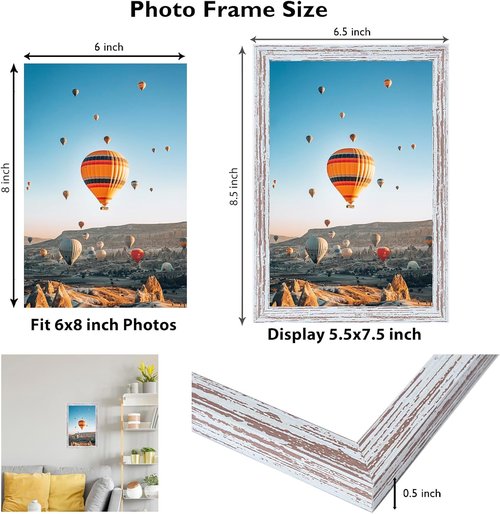 JCJMY 6x8 Rustic White Picture Frame - Versatile Wall Mount or Tabletop Display with Shatter-Resistant Plexiglass
