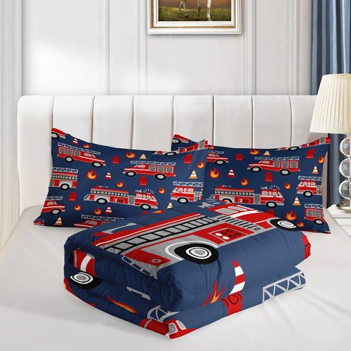 QOOMO Fire Truck Comforter Queen Size,Truck Kids Comforter Set,3Pcs Bedding Set Printed Comforter with 2 Pillowcases,Down Alternative,Soft and Lightweight,for All Seasons