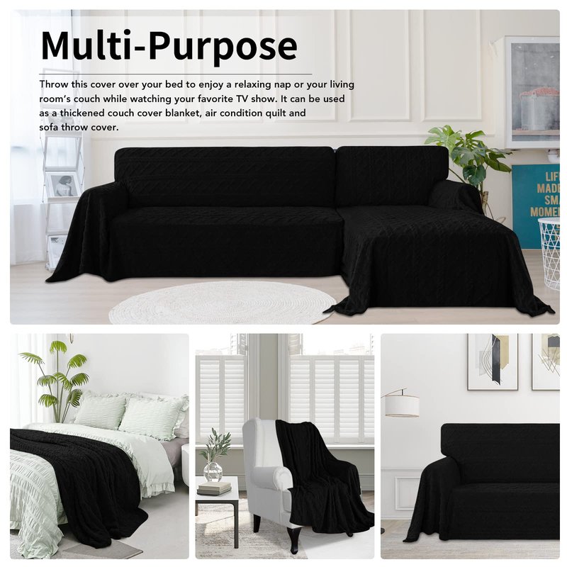 Easy-Going 80X133 inches Sofa Cover, Jacquard Velvet Oversized Couch Slipcover for 3 Cushion Couch, L Shape Sectional Covers for Dogs, Washable Sofa Blanket, Furniture Protector for Pets, Black