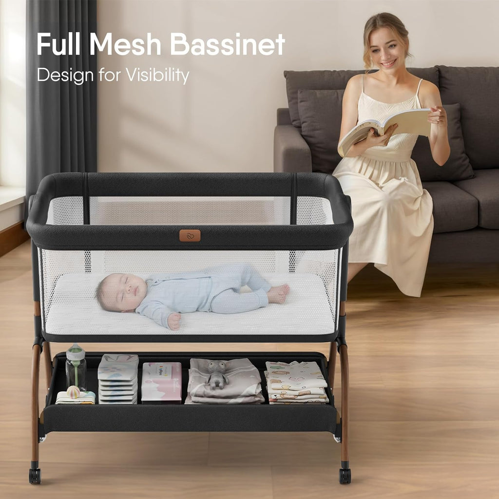 Skiennix Baby Bassinet - 3-in-1 Bedside Sleeper with Adjustable Height & Full-Mesh Sides for Newborns