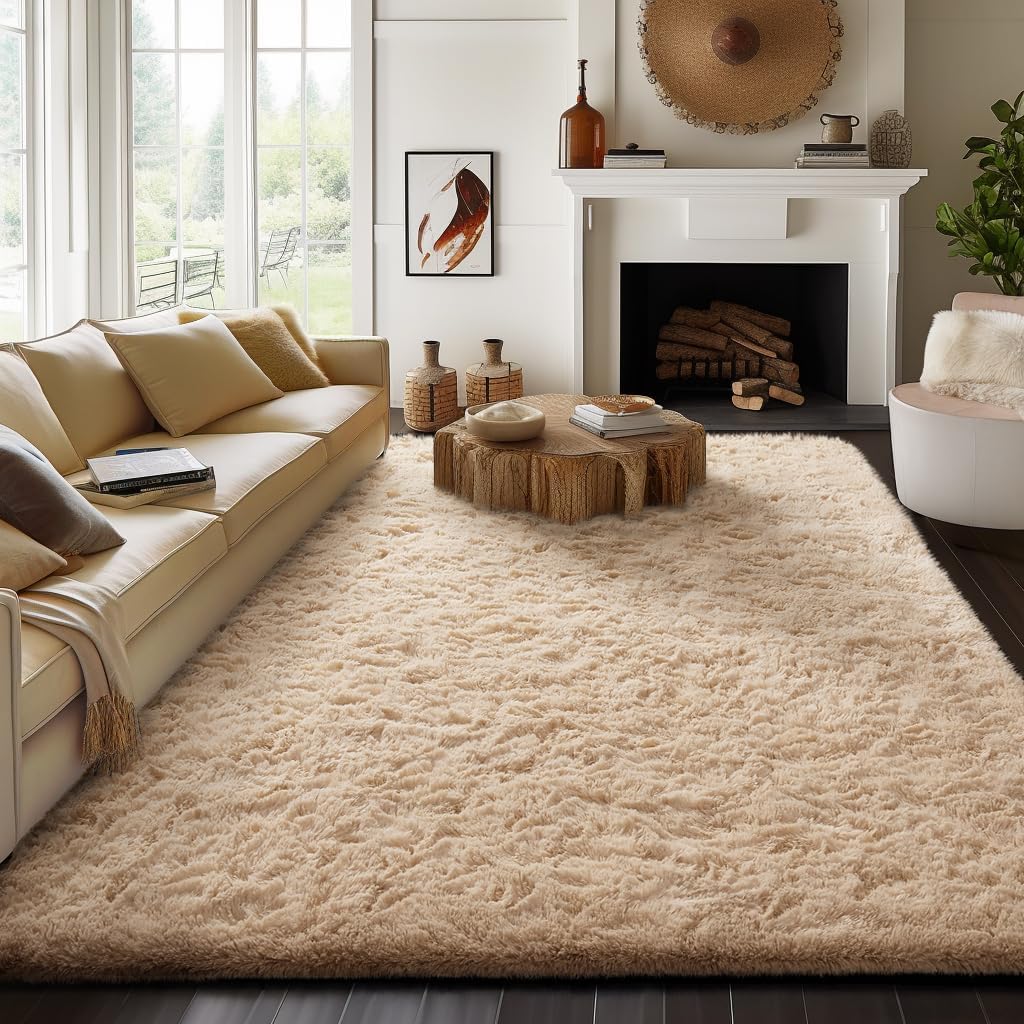 Ophanie 8x10 Beige Area Rug - Large Soft Shag Carpet for Living Room & Nursery Decor