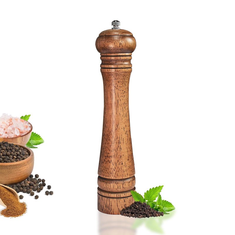 XWXO 1 Pack - 10 Inch tall Wooden Pepper Mill or Salt Mill Elegan Pepper Grinder Wood with a Adjustable Ceramic Rotor and Easily Refillable - Oak Wood Salt Grinder for Your Kitchen