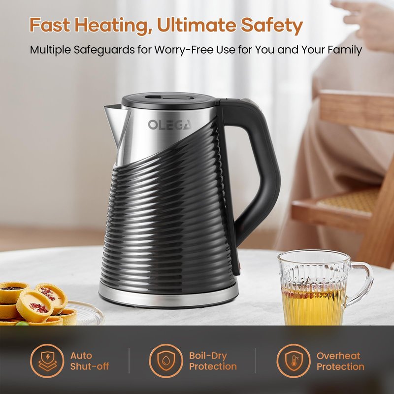 OLEGA Electric Kettle - 1500W Electric Tea Kettle 1.8L Stainless Steel Inner Electric Kettles for Boiling Water Auto Shut Off Boil-Dry Protection Electric Water Kettle for Coffee Tea (Black + Silver)