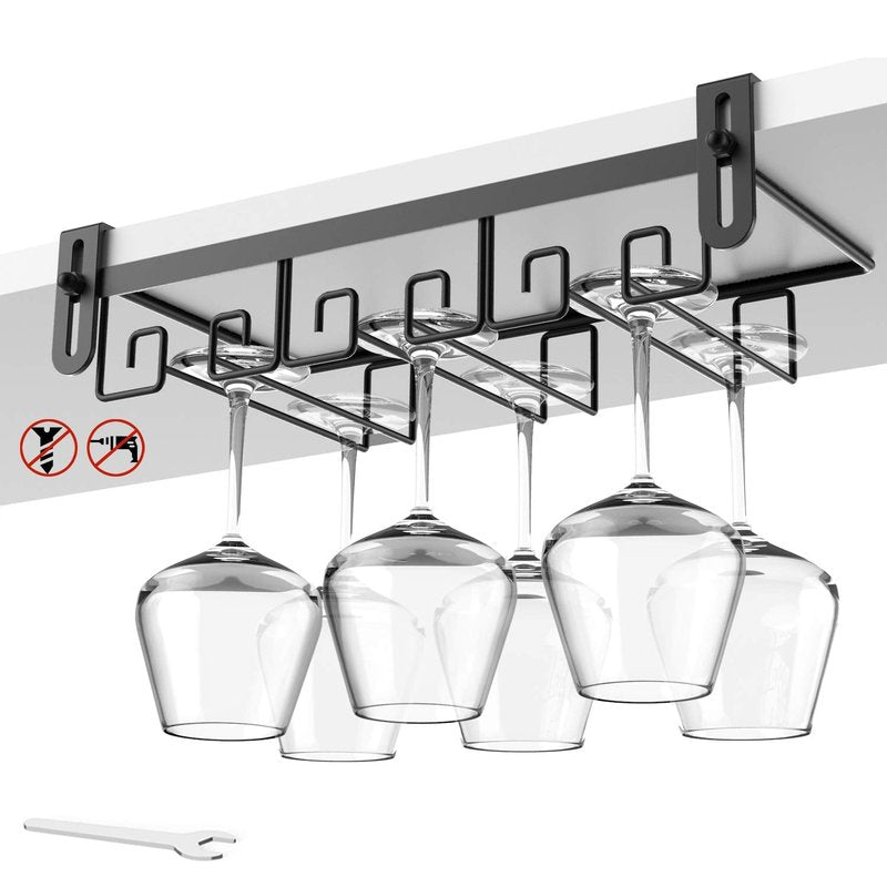 Cmecial Under Shelf Wine Glass Holder - Black, Stemware Rack for Cabinet, Holds Multiple Glasses