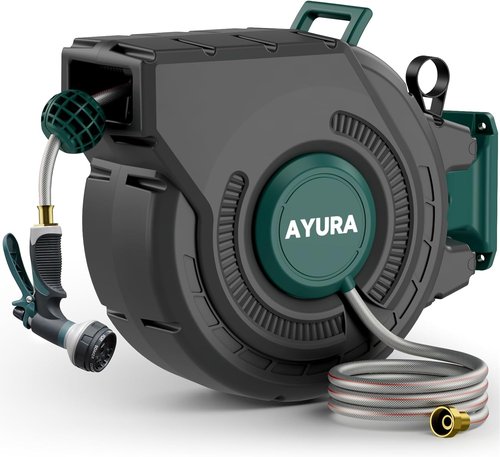 AYURA Retractable Garden Hose Reel - 100 ft x 1/2 Inch | Heavy-Duty Automatic Design with Kink-Free Rewind