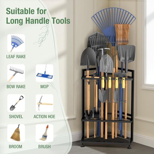 Metal Yard Tool Organizer by [Brand Name] - Heavy-Duty Storage Rack for Long-Handled Tools | Corner Design with Side Pocket