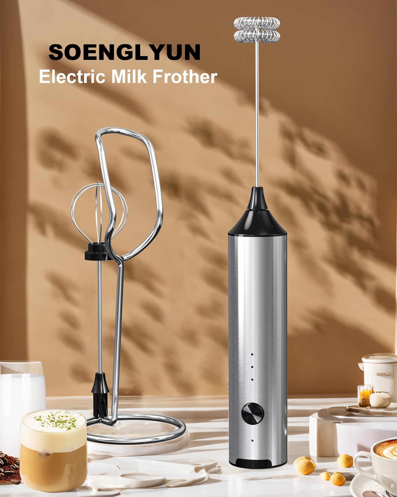 Soenglyun Rechargeable Milk Frother with Stand, Handheld 3-Speeds Coffee frother with 2 Whisks, Electric Frother Wand for Coffee, Latte, Cappuccino, Hot Chocolate, Matcha and Egg Mini Frother, Silver