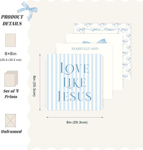 LARTSFRO Coquette Blue Bow Wall Art - Inspirational Christian Decor for Bedrooms & Bathrooms | 8x8 Inch Set of 4 Unframed