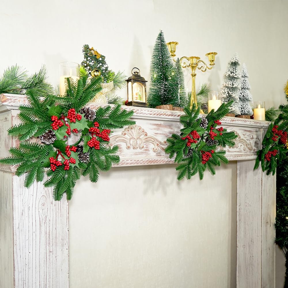 Skiennix Christmas Small Wreaths - 3 Pcs 13.5 Inch Pine Candle Rings for Table Centerpieces & Home Decor