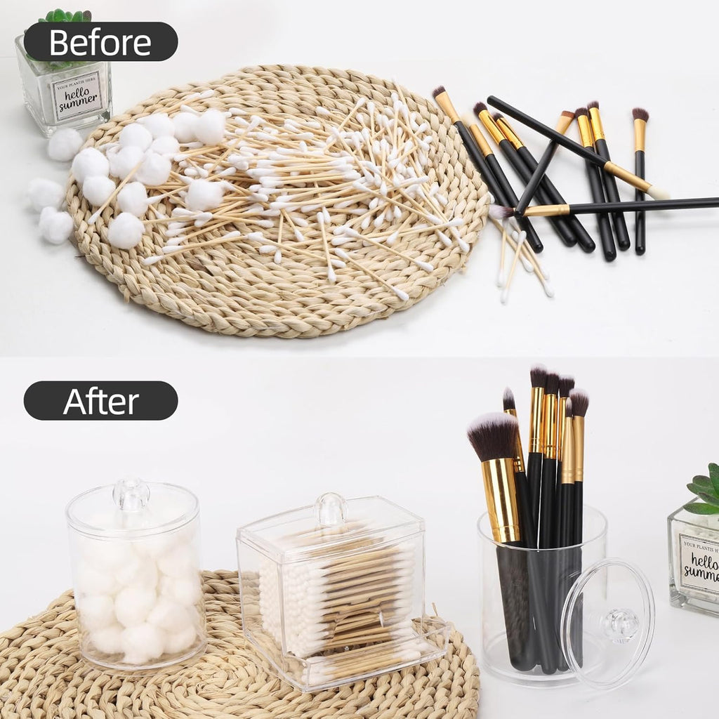 Tbestmax Cotton Swab Dispenser - Clear Plastic Apothecary Jar Organizer | 10/12 oz Capacity, 4 Pack