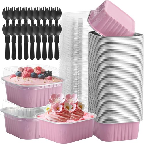 CXIIPOL 60 Pack Mini Square Cake Pans with lids and Spoons, 5 OZ Pink Disposable Ramekins Cake Pans, 3.5x3.5 Inch Aluminum Foil Baking Cups for Mother's Day, New Year, Anniversaries, Birthdays