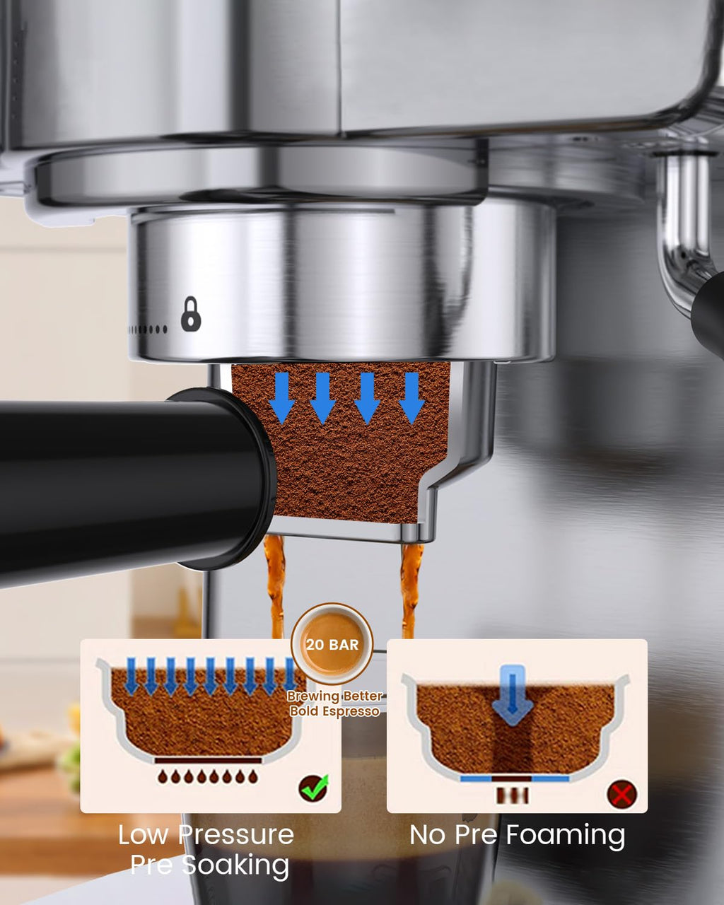 Frossvt Espresso Machine 20 Bar, Milk Frother Steam Wand, 60oz (1.8 Liters) Water Tank, 1350W for Home Barista Espresso Latte Macchiato and Cappuccino Maker