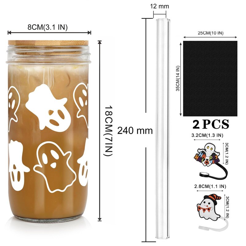Anotion Ghost Decor 24oz Mason Jar Glass Cups with Lids and Straws - Halloween Tumblers and Coffee Cups - Indoor Decorations