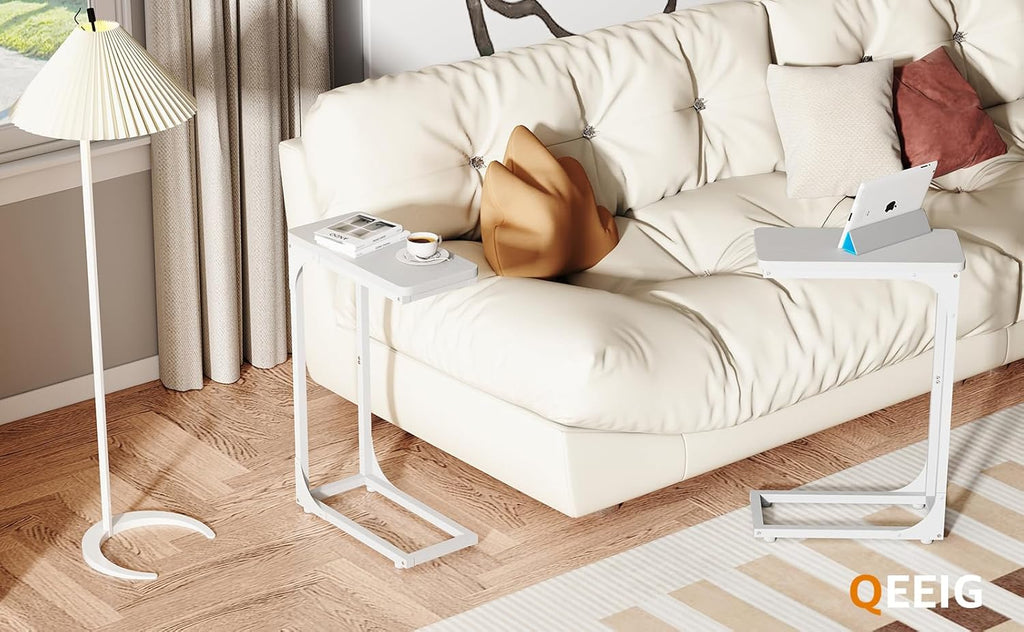 QEEIG Narrow C Shaped Side Table Set of 2 - Modern Slim Couch Tray Tables | White, 7-Inch Width