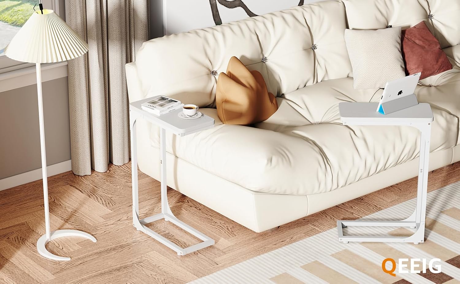 QEEIG Narrow C Shaped Side Table Set of 2 - Modern Slim Couch Tray Tables | White, 7-Inch Width