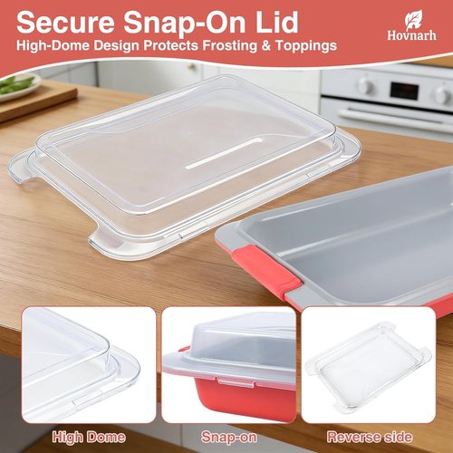 9x13 Nonstick Baking Pan with Lid - Heavy Duty, Deep Cake Pan for RV & Convection Oven | Coral Red