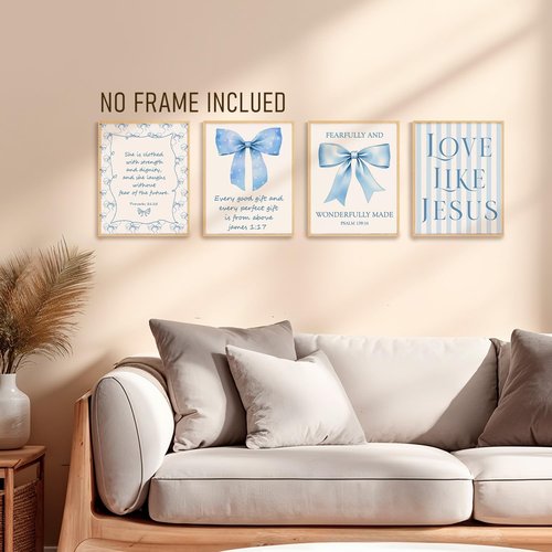 BRRNYOI Coquette Blue Bow Wall Art Set - Bible Verse Decor for Girls' Room | 8x10 Unframed Canvas Prints
