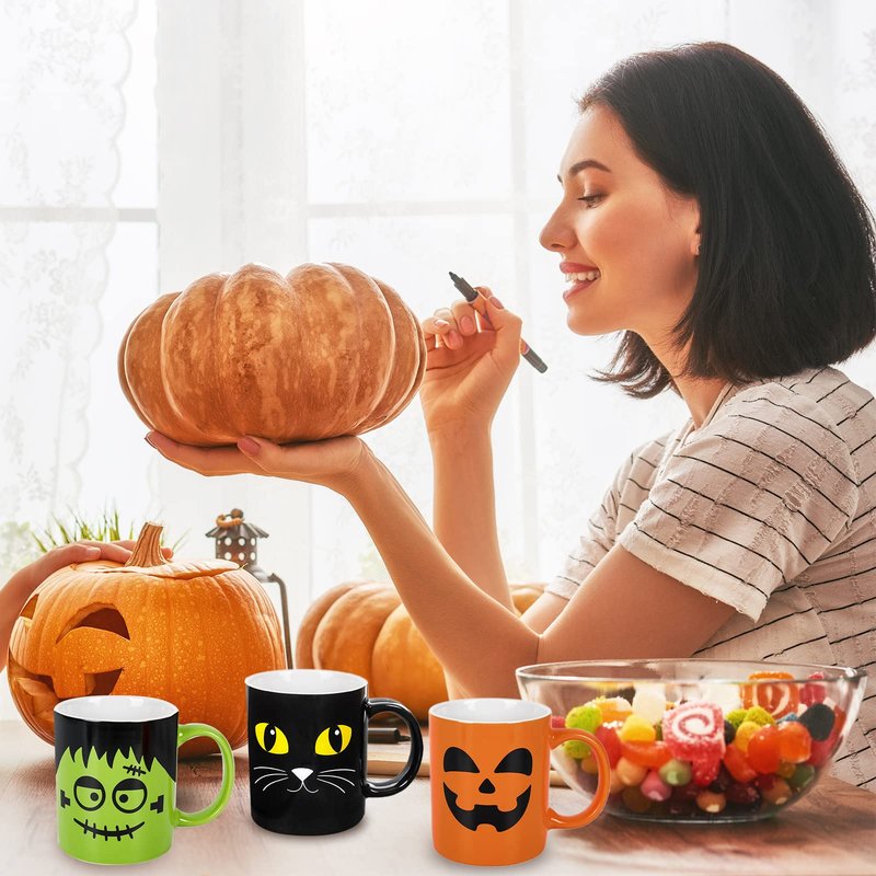 Whaline 4Pcs Halloween Mug Set 12oz Pumpkin Cat Monster Ghost Holiday Coffee Mug Halloween Ceramic Matching Mugs for Home School Office Table Centerpieces Housewarming Gift