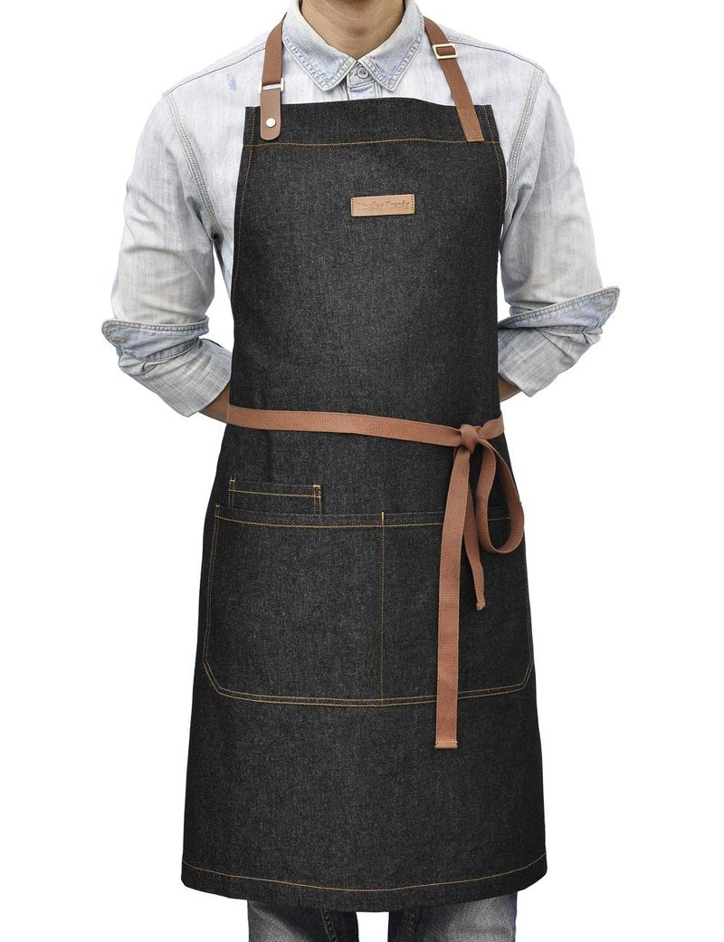 DingSay Trendy Server Denim Apron with 3 Pockets for Men Women, Professional Black Bib Aprons for Chef Cooking Kitchen Grilling BBQ, with Adjustable Neck Strap (Black Denim 7#)