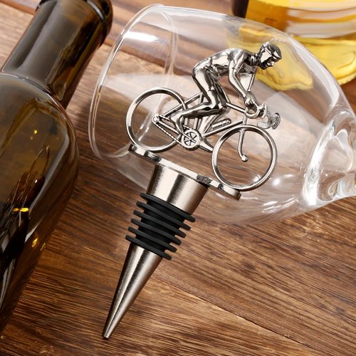 LULLEA Cycling Wine Bottle Stopper, Bicycle Gifts Cyclist Gifts Wine Gifts for Father's Day, Christmas, Birthday, Silver Bottle Stopper for Wine and Champagne with Bag