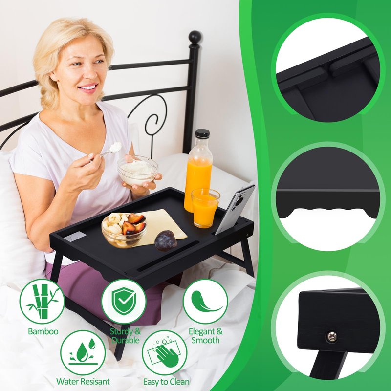 Artmeer Bamboo Bed Tray Table with Folding Legs, Phone/Tablet Holder, Foldable Breakfast Table, Laptop Desk (Black, Medium)