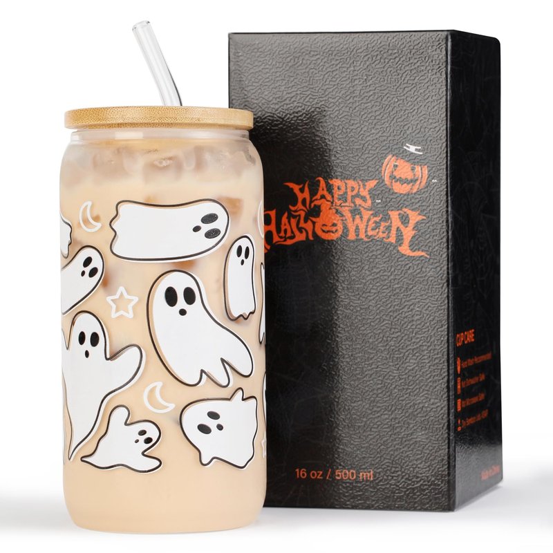 Halloween Pumpkin Ghost Glass Cup with Lids and Straws, 16 oz Glass Tumbler, Spooky Iced Coffee Mug for Smoothie, Cute Halloween Gifts for Women, Girls - Boo Basket Stuffers, Spooky Gifts for Teens
