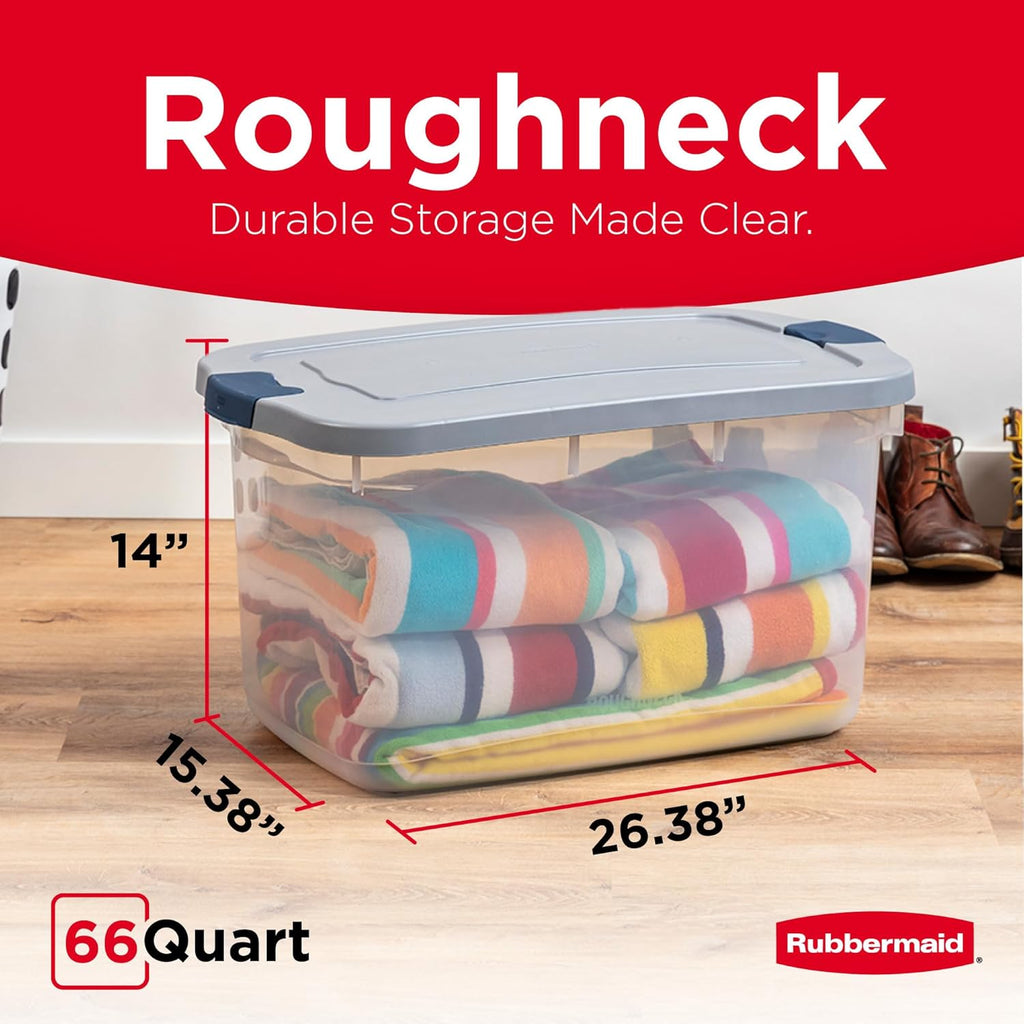 Rubbermaid Roughneck 66 Qt Storage Containers - Pack of 4 with Latching Grey Lids | Sturdy & Stackable