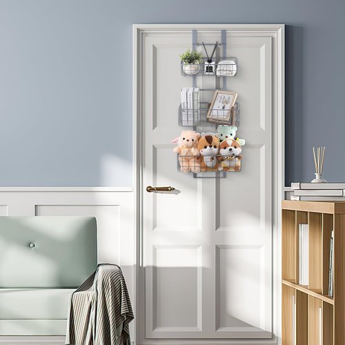 HUIFAHUO Detachable 3-Basket Over The Door Organizer, Heavy Duty Iron Hanging Shelf Door Back Storage Organizer Rack for Kitchen, Bathroom (Grey).