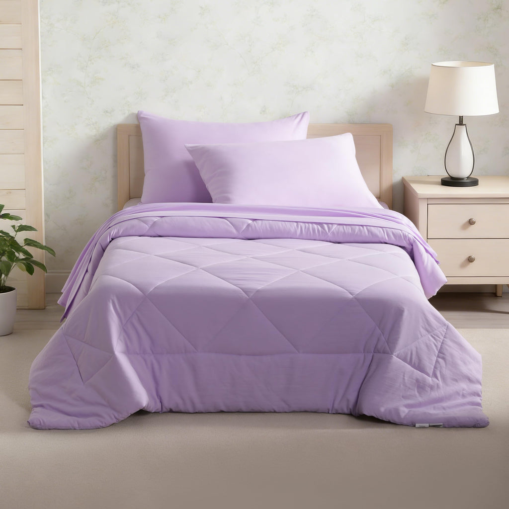 FLXXIE 5 Pieces Toddler Bedding Set, Soft and Breathable Microfiber Crib Sheet Set, Includes Quilted Comforter, Flat Top Sheet, Fitted Sheet, Envelope Pillow Case for Boys and Girls, Lavender