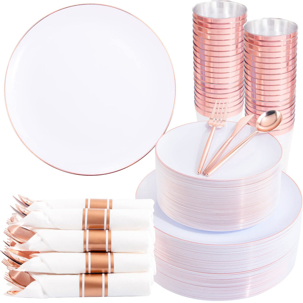 LUODA 350PCS Rose Gold Plastic Plates, Rose Gold Dinnerware Sets include：100 Party Plates, 50 Pre-Rolled Napkins with Rose gold Silverware and 50 10OZ Plastic Cups,Idea for Party