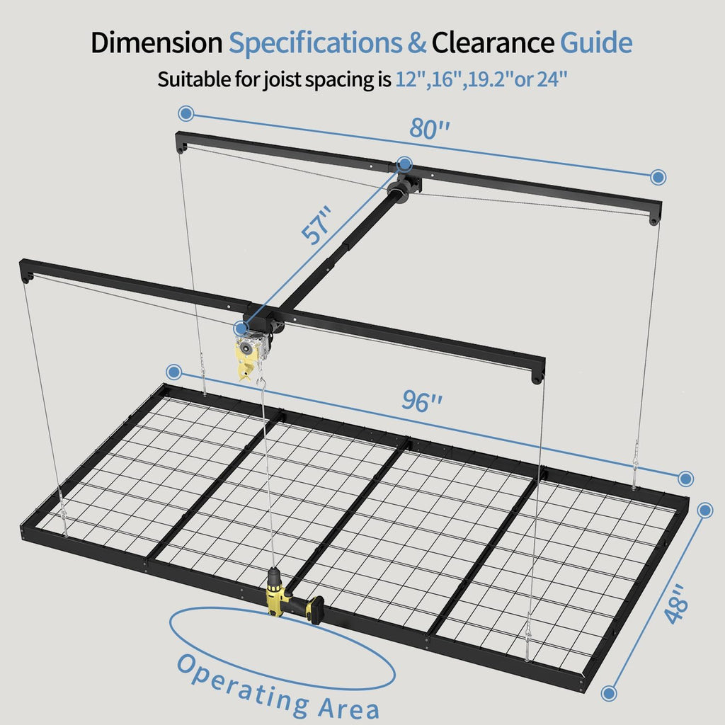 Overhead Garage Storage Rack - Heavy-Duty 4x8 FT Ceiling Mounted Lift System with Safety Lock | 325 lbs Capacity