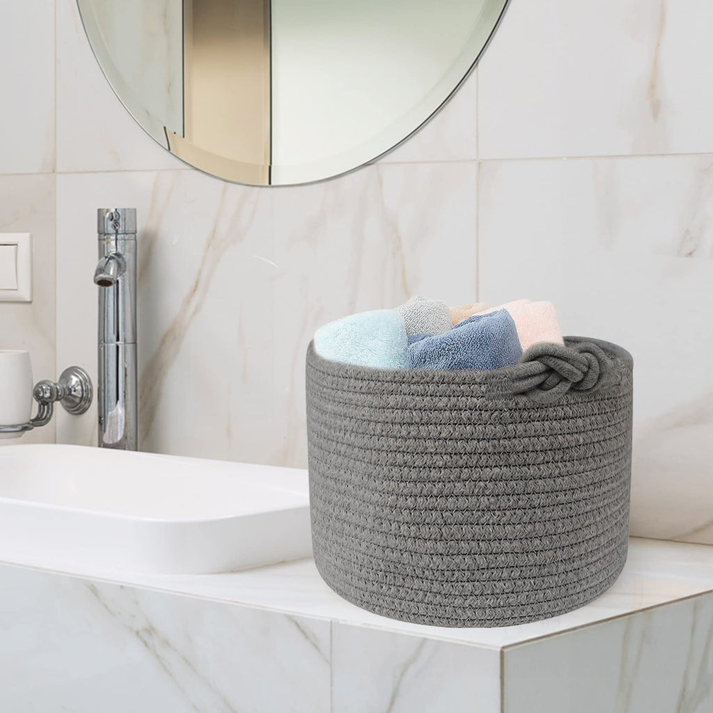 ABenkle Small Woven Basket, Cotton Rope Shelf Storage Basket, Small Round Basket, Cute Basket, Decorative Round Bin for Nursery Bedroom Bathroom, 9.4" x 9.4"x 7.1" Empty Gift Basket- Grey