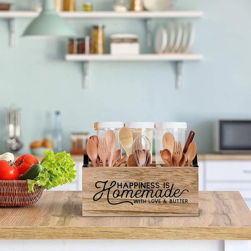 KOVNISE Kitchen Utensil Holder With Handle Wooden Utensil Organizer for Counter Multifunctional Countertop Organizer for Storage Cooking with 4 Compartment Farmhouse Kitchen Decor (Brown)