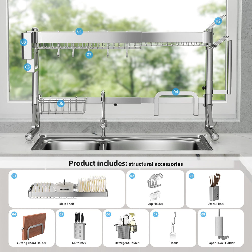Shrivee Over The Sink Dish Drainer Drying Rack, 2 Tier Adjustable Width (20.87'' to 37.6'') 304 Stainless Steel Large Over Sink Dish Drying Rack for Kitchen Counter Organizer, (Silver)