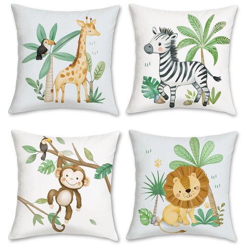 Bonhause Animals Print Throw Pillow Covers 18 x 18 Inch Set of 4 Monkey Giraffe Lion Zebra Toucan Palm Tree Soft Velvet Decorative Pillow Cases for Couch Sofa Bed Kids Room Decor