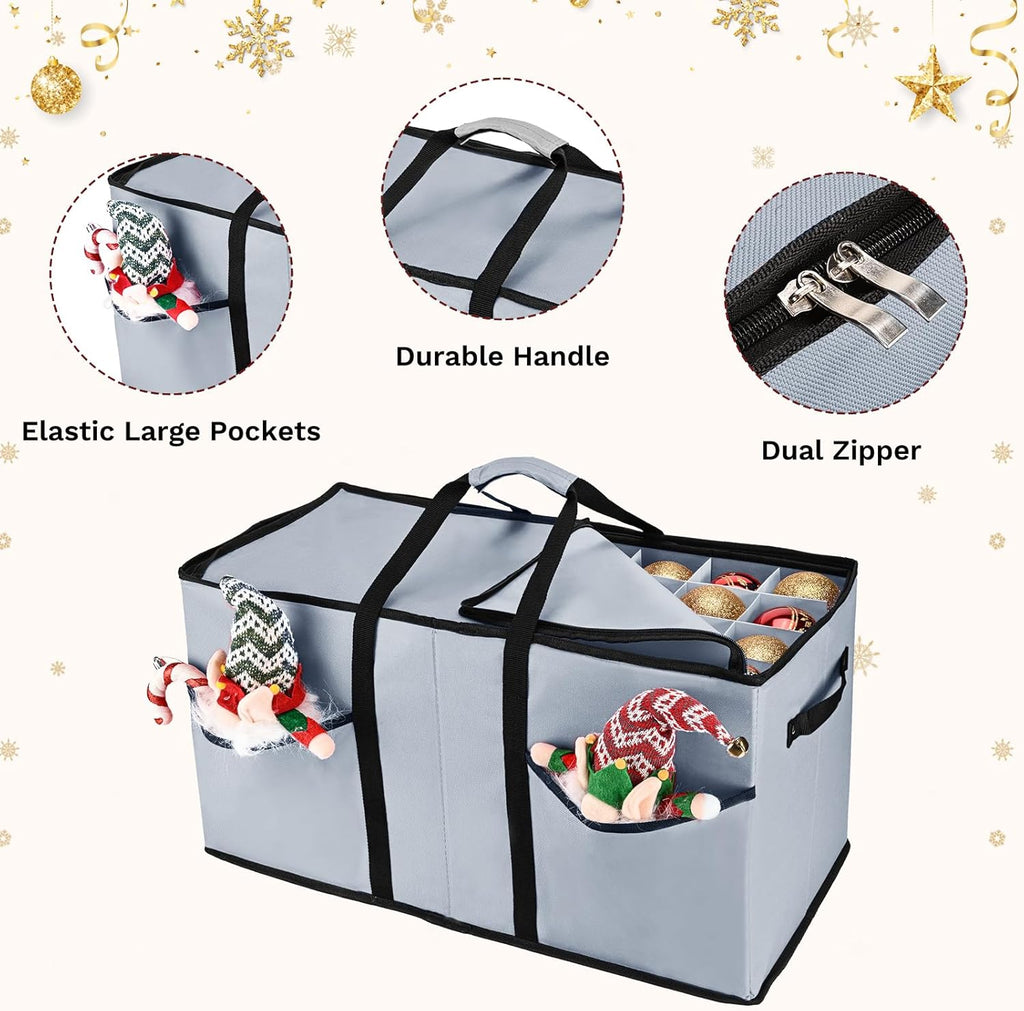 Skiennix Christmas Ornament Storage Box - Organize 128 3-Inch Ornaments | 8 Removable Trays, Grey