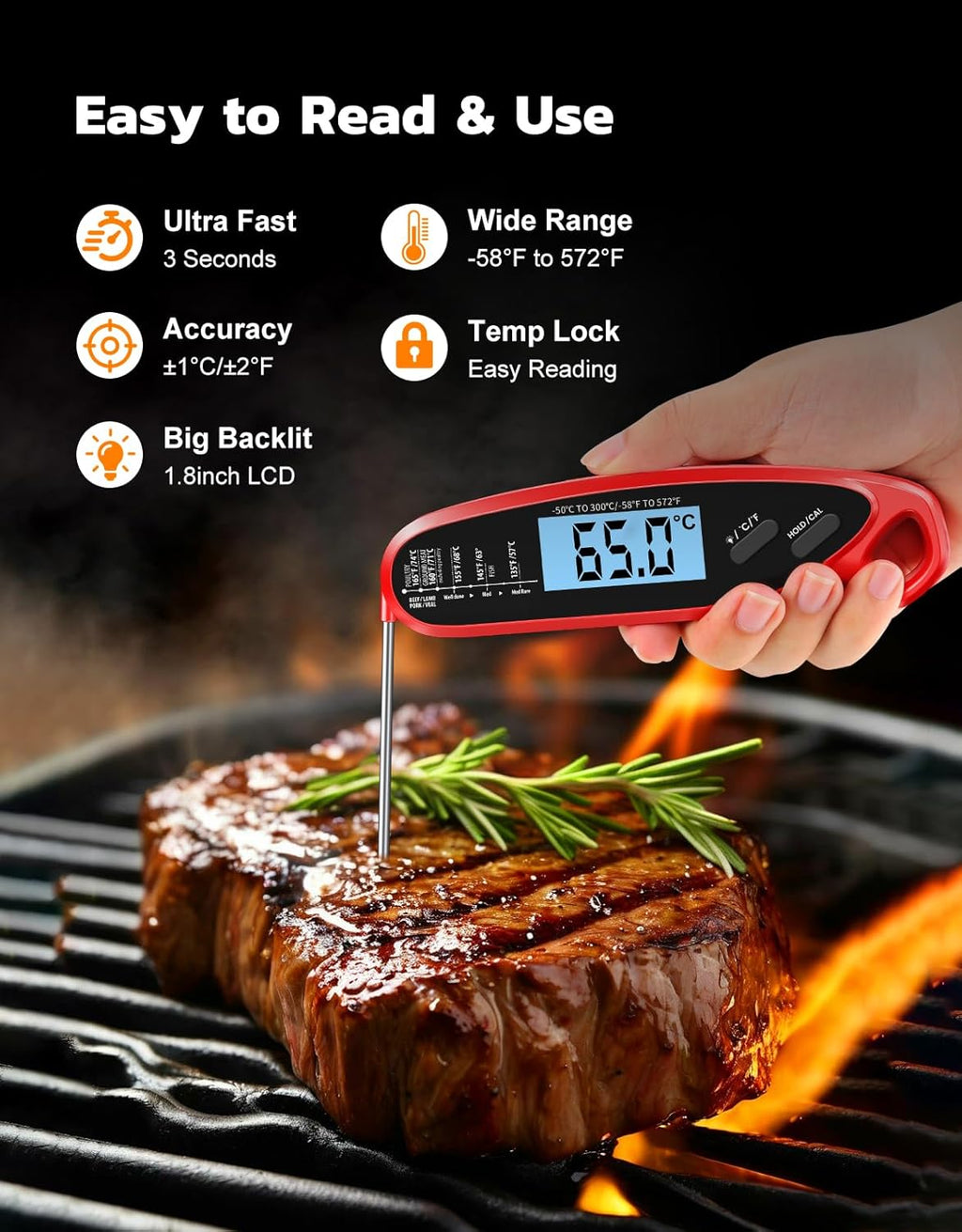 Skiennix Instant Read Meat Thermometer - Dual Probe Digital Cooking Thermometer with Large Backlit Display | Perfect for BBQ, Grill, Oven, and Frying