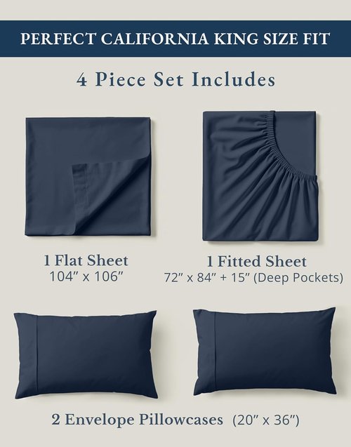 LANE LINEN 100% Organic Cotton Bed Sheets - Soft, Breathable 4-Piece Set for California King | Navy