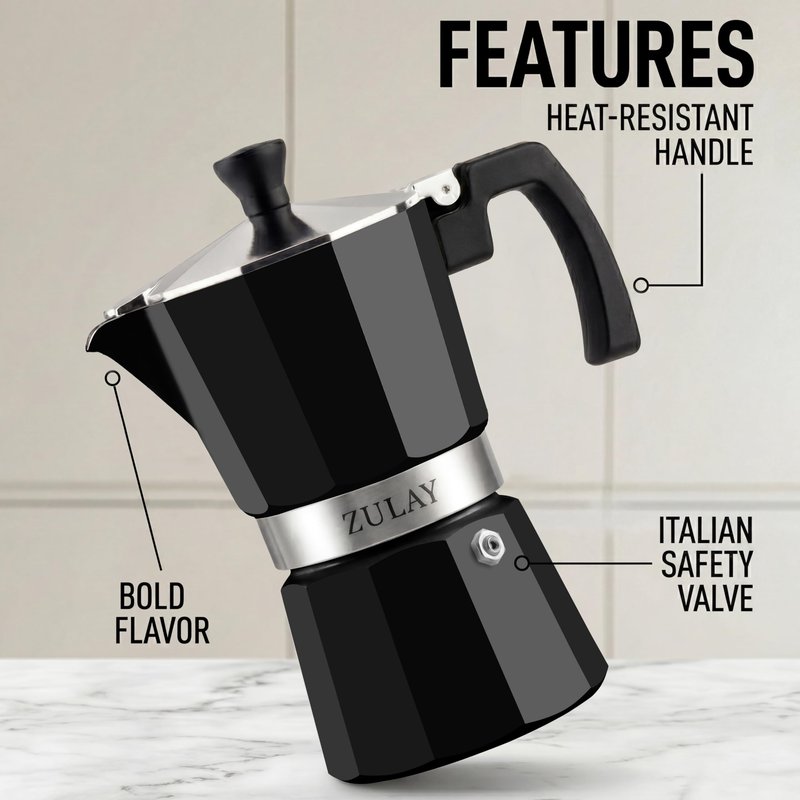 Zulay Moka Pot Espresso Stovetop Coffee Maker - Leak-Proof, Stainless Steel, Easy to Clean, Heat Resistant Handle & Knob - for Authentic Cuban & Italian Style Espresso - Makes 6 Espresso Cups - Black