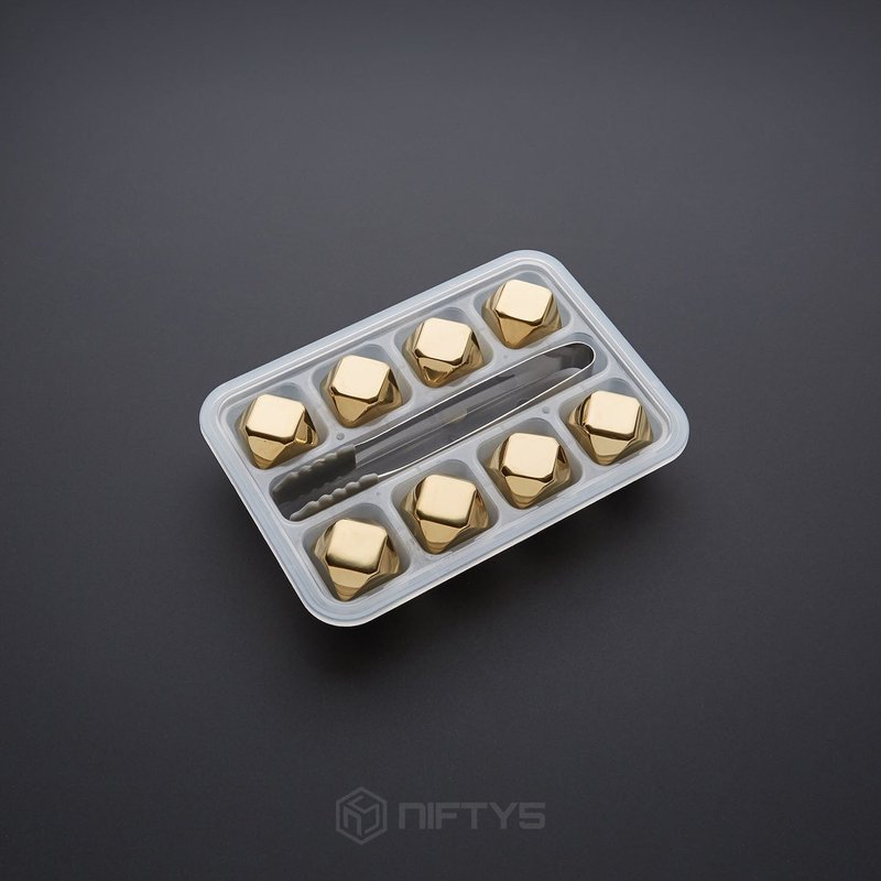 Whiskey Stones Gold Edition Gift Set of 8 Stainless Steel Diamond Shaped Metal Ice Cubes, Reusable Chilling Rocks Including Silicone Tip Tongs and Storage Tray