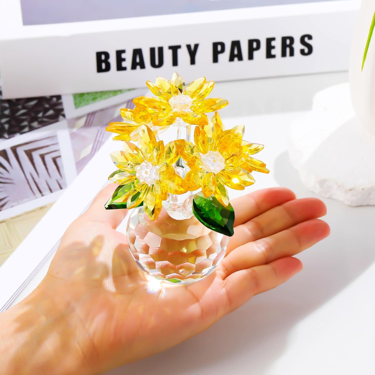 YWHL Handmade Yellow Crystal Flower Figurine - Elegant Glass Gift for Women | Perfect for Weddings & Holidays