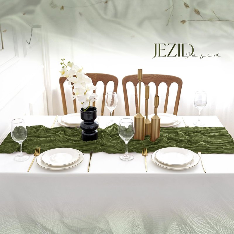 JEZID 4 Pack Olive Green Cheesecloth Table Runner 10FT Boho Rustic Gauze Cheesecloth 120 inch Cheese Cloth Runner for Wedding Bridal Baby Shower Party Home Decoration