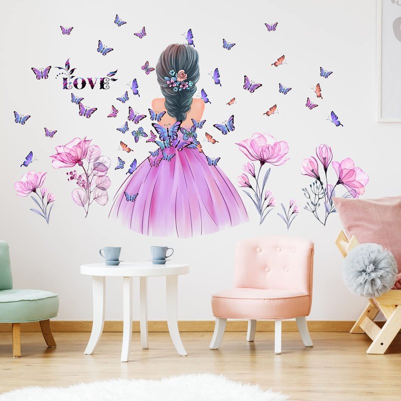 Butterfly Girl Wall Stickers Flower Fairy Wall Decal Pink Floral Wallpaper Colorful Butterflies DIY Removable Vinyl Wall Art for Girls Baby Nursery Bedroom