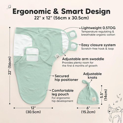 KeaBabies Organic Swaddles for Newborns - Soft Cotton Sleep Sacks & Breathable Hats | 0-3 Months, Sage