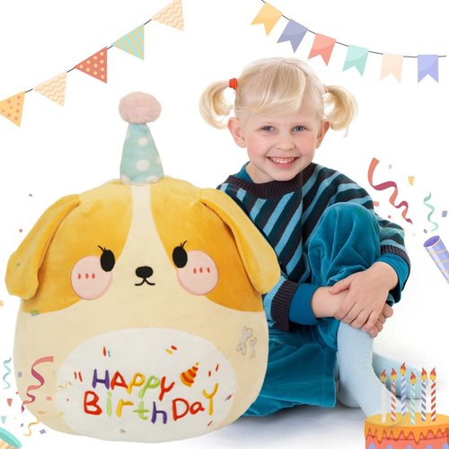 ARELUX Jumbo 18in Cute Dog Cuddle Plush Soft Stuffed Animal Large Birthday Pillow Kids Huggable Puppy Plushie Toy Big Size Happy Birthday Party Decoration Plushies Gift for Friends Boys Girls Yellow