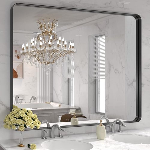 LOAAO Black Metal Framed Bathroom Mirror - 48x36 Inch Rounded Rectangle, Anti-Rust Tempered Glass, Versatile Hang