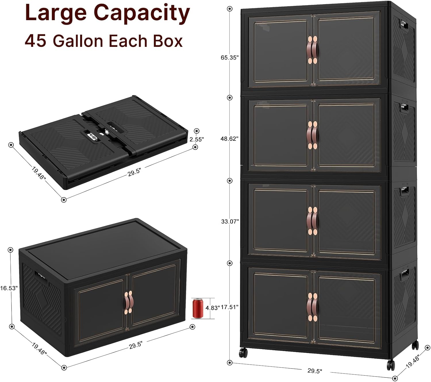 UAMFURI Stackable Storage Bins - 720QT Lockable Plastic Drawers with Lids & Wheels | Extra Large, Black