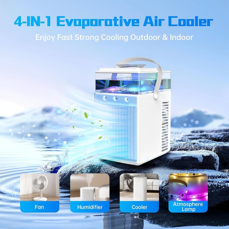 Portable Air Conditioners, 4-IN-1 Evaporative Air Cooler with App Control, 800ml Water Tank, Rechargeable Mini Air Conditioner, 3 Speeds & 3 Mist, Colorful Night Light Cooling Fan