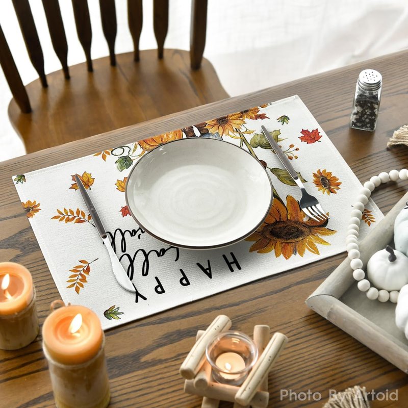 Artoid Mode Happy Scarecrow Leaves Fall Placemats Set of 6, 12x18 Inch Seasonal Thanksgiving Holiday Table Mats for Party Kitchen Dining Decoration